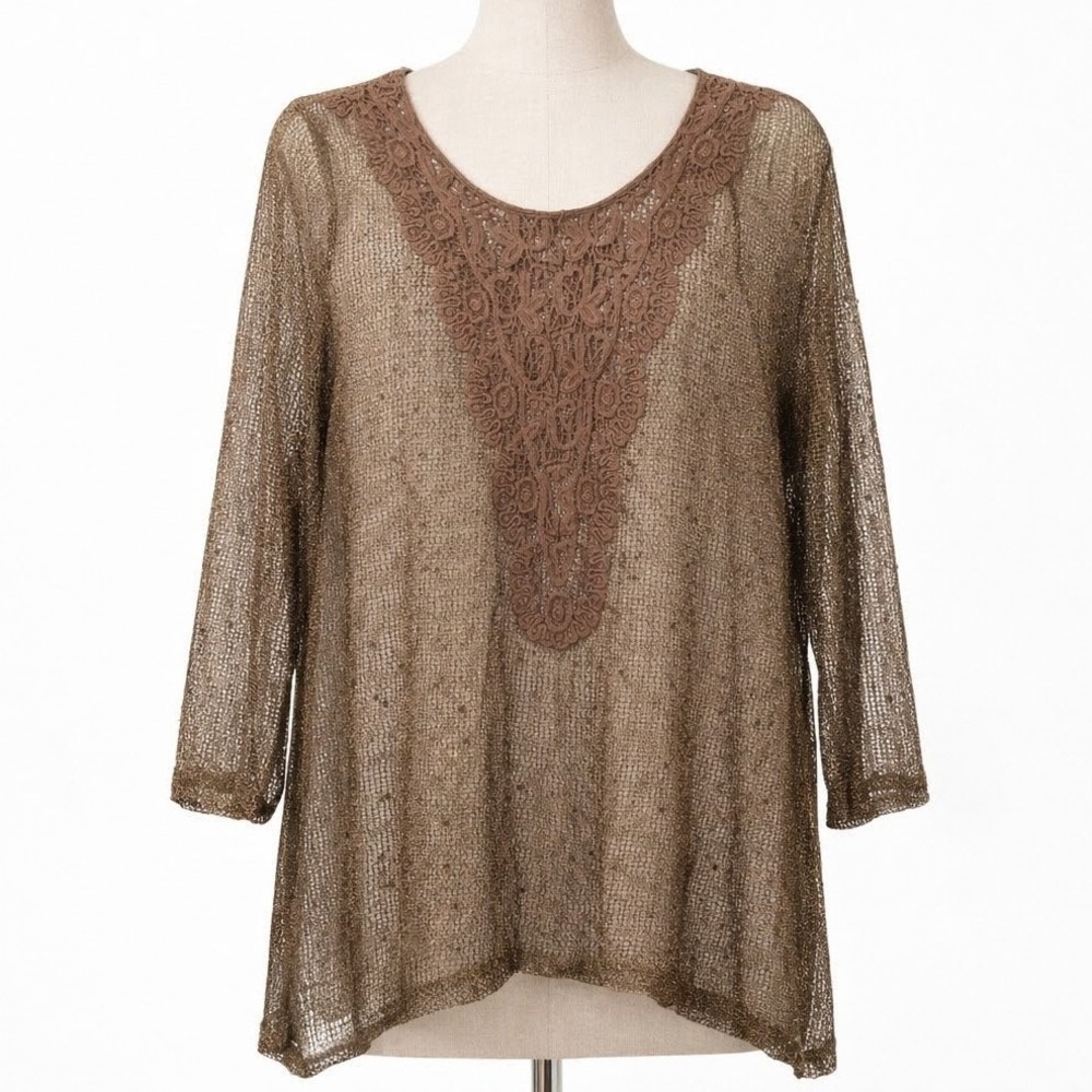 Y2K Fairy Grunge Crochet Lace Top Size M‎ Brown Sequin Boho Sheer Mesh Festival